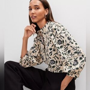 Ann Taylor Floral Leaf Print Cream Linen Blend Blouse, NWOT, Small Petite